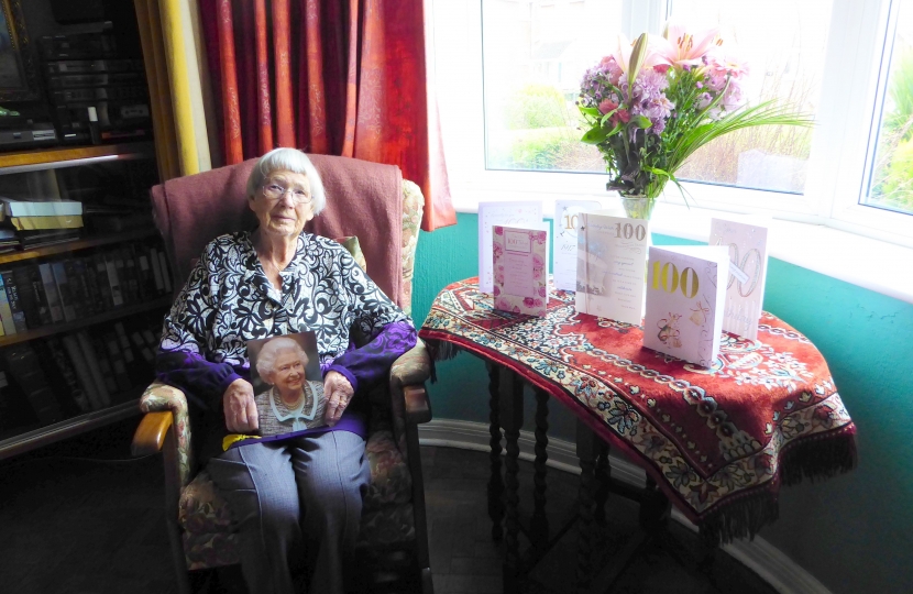 Marjorie Sutton with her birthday cards, including one from HRH Queen Elizabeth II