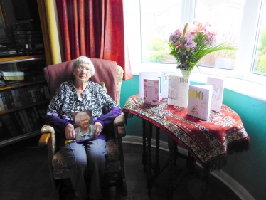 Marjorie Sutton with her birthday cards, including one from HRH Queen Elizabeth II