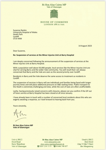 Letter sent to Chief Executive of the Health Board